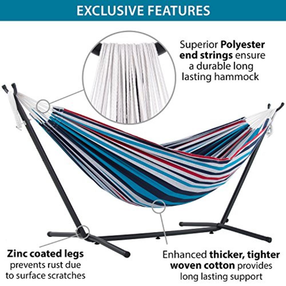 Vivere Double Cotton Hammock with Space Saving Steel Stand, Denim (450 lb Capacity - Premium Carry Bag Included), Denim with Cha
