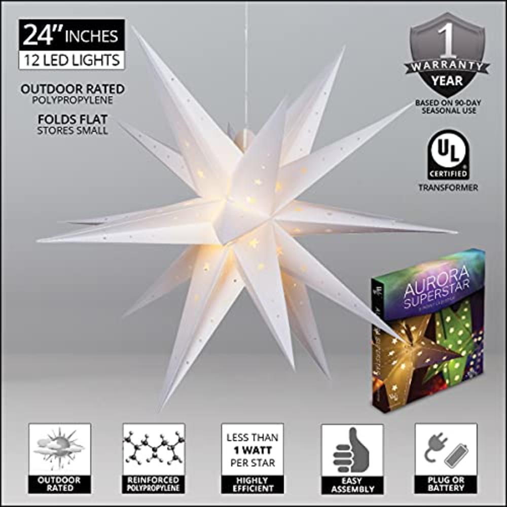 Wintergreen Lighting 24" White Moravian Star Fold-Flat Christmas Star Lights Reusable LED Star Christmas Decoration - Hanging Star Party Lantern Ligh