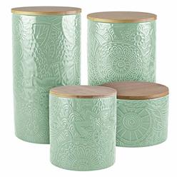 American Atelier Embossed Canister Set 4-Piece Ceramic Set Jar Container with Wooden Lids for Cookies, Candy, Coffee, Flour, Sug
