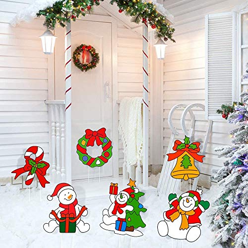 Gagec 1 GAGEC 6 Pcs Christmas Yard Signs with Stakes Decorations Outdoor - Funny Snowman Wreath Bells Kit Decor Signs for Home Lawn Pathw