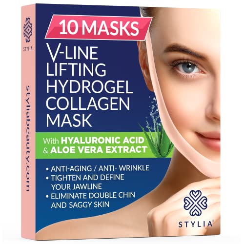 Stylia 10 Piece V Line Shaping Face Masks - Double Chin Reducer - Lifting Hydrogel Collagen Mask with Aloe Vera - Anti-Aging and Anti-W