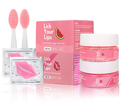 Lick Your Lips Lip Care Kit Gift Set-4 in 1 Lip Therapy Set with Lip Sleeping Mask Lip Scrub Brush Lip Sugar Scrub and Collagen Lip Mask Sheet 
