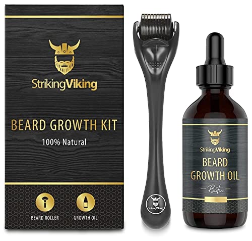 Striking Viking Beard Growth Kit - Beard Roller for Hair Growth for Men - Biotin Beard Growth Oil - Derma Roller Beard Kit for Thickening and Co