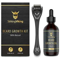 Striking Viking Beard Growth Kit - Beard Roller for Hair Growth for Men - Biotin Beard Growth Oil - Derma Roller Beard Kit for Thickening and Co