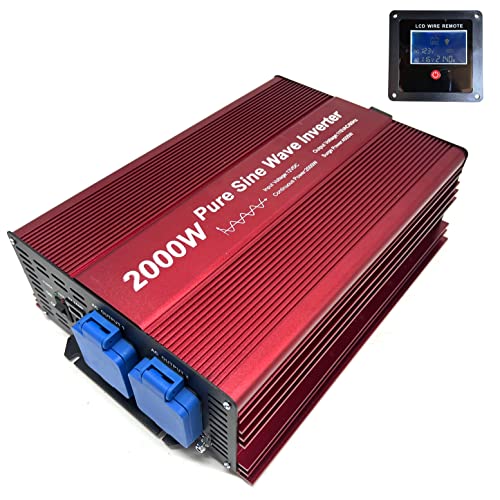 Fit4Less 2000W Pure Sine Wave Inverter 12V to 120V AC with 2 AC outlets (IP54 ETL Approved Sockets),DC5V 2 Amp USB Output, LCD Wire Remot