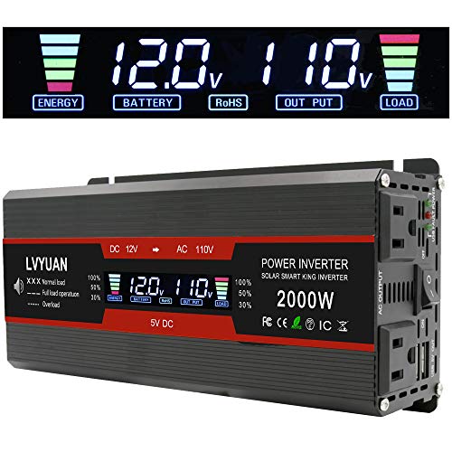 Cantonape 1000W/2000W(Peak) Car Power Inverter DC 12V to 110V AC Converter with LCD Display Dual AC Outlets and Dual USB Car Cha