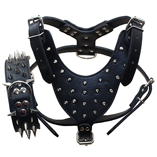 Haoyueer Leather Sharp Spiked Studded Medium & Large Dog Collars, Harnesses 2Pcs Matching Set for Pit Bull,Mastiff, Boxer, Bull 