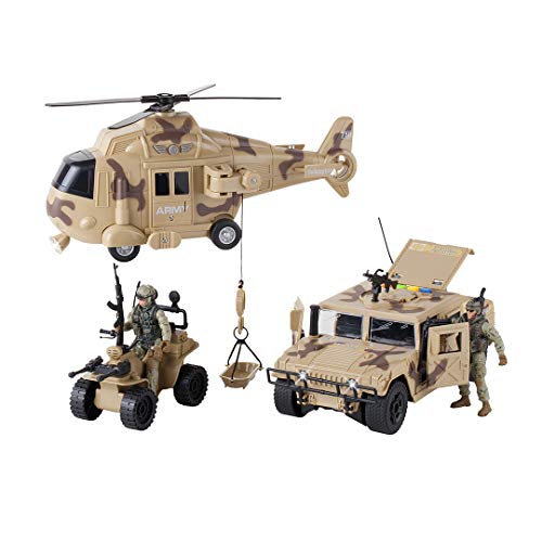 Dazmers Military Action Figures and Vehicles Set - Army Helicopter Toy, Military Truck, Army Quadrobike, 2 Military Action Figures - Lig