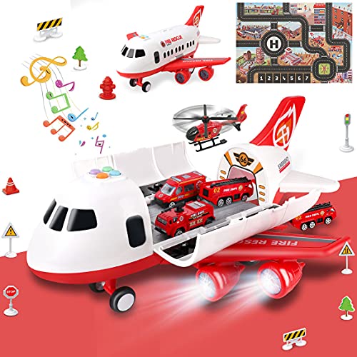 Dwi Dowellin Airplane Toy with Fire Truck Cars and Play Mat,Plane with Lights and Sounds for 3 + Years Old Boys and Girls