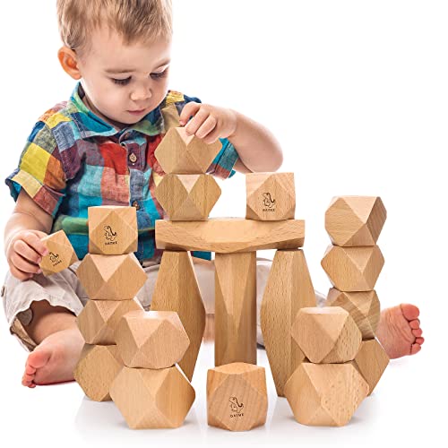 OATHX Montessori Toys Stacking Rocks Wooden Grimms Blocks Building Preschool Balancing Stones for Toddlers 1-3 Girls Boys Sensor