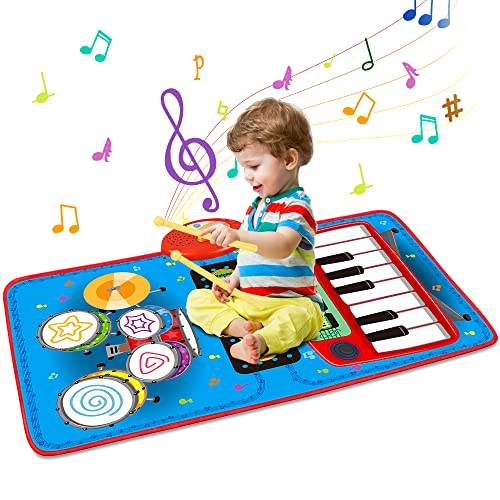 PECMPO 2 in 1 Baby Musical Mats-Toddlers Piano Keys & Electronic Drum-Early Education Portable Touch Musical Play mat-Learning Toys Gif