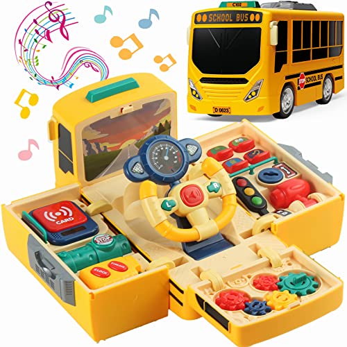 HONGTUO School Bus Toy with Sound and Light, Simulation Steering Wheel Gear Toy, Toddlers School Bus Toys with Music Education Knowledge