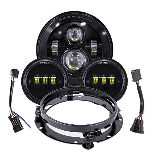 TRUCKMALL 7 inch LED Headlight, 4.5’’ Fog Passing Lights, with Mounting Ring for Touring Road King Ultra Classic Electra Street 