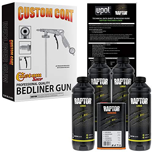 Custom Shop U-Pol Raptor Black Urethane Spray-On Truck Bed Liner 4 Quart Kit and Custom Coat Spray Gun with Regulator