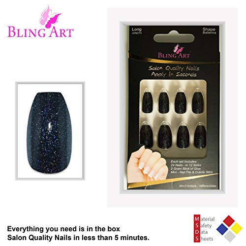 Bling Art Ballerina False Nails Fake Coffin Gel Black Acrylic Long 24 Tips Glue