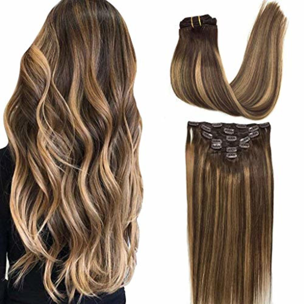 GOO GOO Clip in Human Hair Extensions Remy Chocolate Brown to Caramel Blonde Balayage Hair Extensions Clip in Straight Real Hair