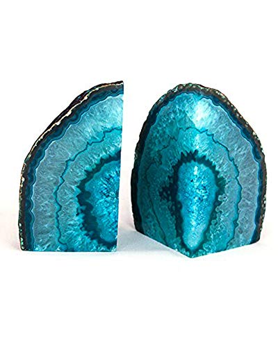 AMOYSTONE 1Pair Teal Agate Bookends Geode Book Ends 2-3 LBS with Rubber Bumpers, Holder Small Books