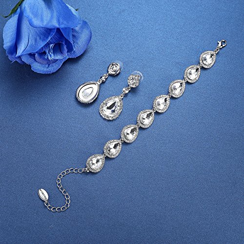 mecresh Flower Teardrop Clear Austrian Crystal Jewelry Sets for Women or Bridesmaids(1 Set Earring,1PCS Bracelet)