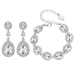 mecresh Flower Teardrop Clear Austrian Crystal Jewelry Sets for Women or Bridesmaids(1 Set Earring,1PCS Bracelet)