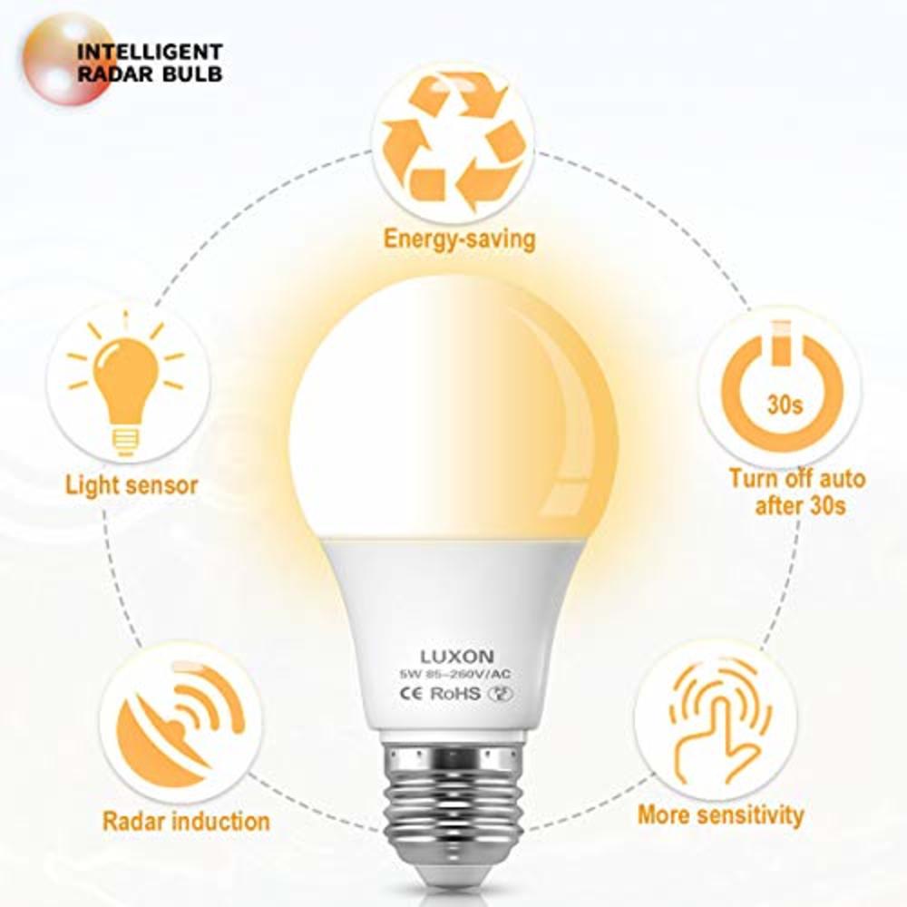 LUXON Motion Sensor Light Bulb 5W Smart Bulb Radar Dusk to Dawn LED Motion Sensor Light Bulbs E26 Base Indoor Sensor Night Lights Soft