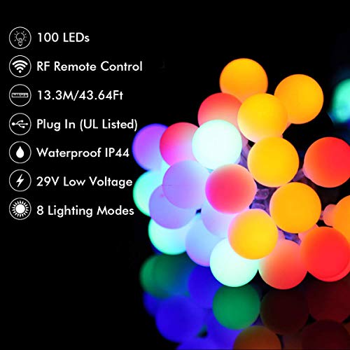ALOVECO 34ft 100 LED Globe String Lights Plug in, 8 Dimmable Lighting Modes with Remote & Timer, UL Listed 29V Low Voltage Water