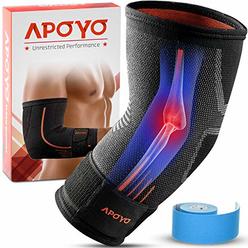 APOYO Elbow Compression Sleeve for Tendonitis, Tennis Elbow brace, Golf Elbow, Weightlifting, & More, With Adjustable Strap & Bonus El
