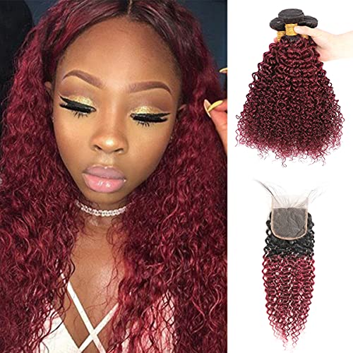 Feelgrace Ombre Burgundy Kinky Curly Human Hair Extension Bundles with  Closure (4X4 Swiss Lace, Free Part)