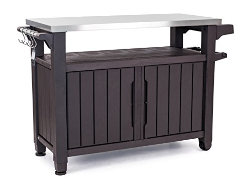 Keter Unity XL Portable Outdoor Table and Storage Cabinet with Hooks for Grill Accessories-Stainless Steel Top for Patio Kitchen