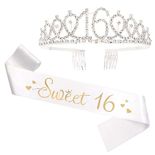 ADBetty Sweet 16 Sash & Rhinestone Tiara - 16th Birthday Sash 16 Birthday Gifts Birthday Girl Sash(White/Gold)