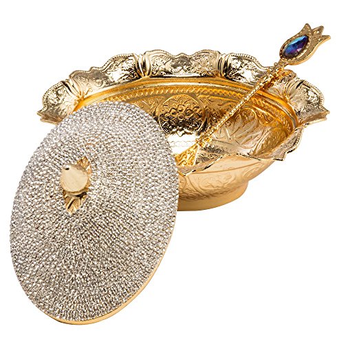 CopperBull Swarovski Crystal Coated Handmade Brass Sugar Chocolate Candy Bowl Serving Dish with Lid & Spoon (Gold)