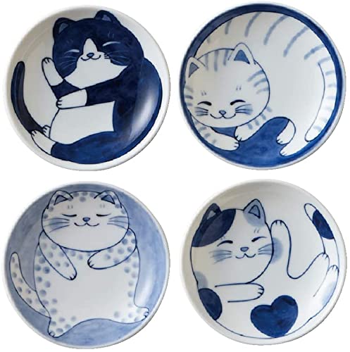 MINO WARE Japanese Small Plate Set Ceramic Cute Cats Design Appetizer Dessert Sushi Sauce Dishes, 3.94 x 0.8 Inches, Set of 4