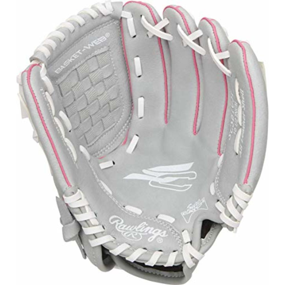 Rawlings Sure Catch Series Fastpitch Softball Glove, Pink/Grey/White, Right Hand Throw, SCSB105P-6/0 10 1/2 BSK/NFC