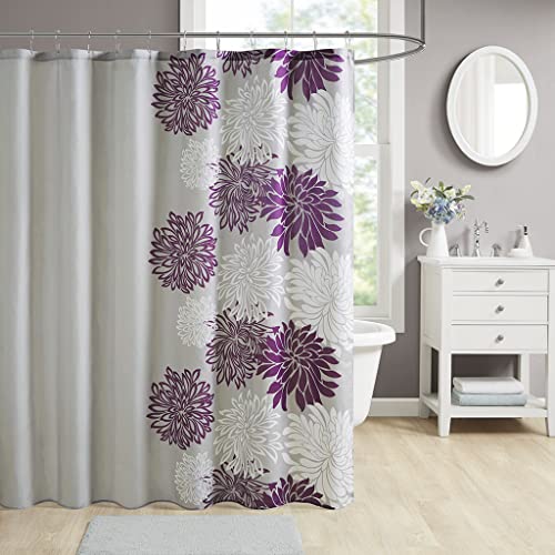 Comfort Spaces Enya Bathroom Shower Curtain Floral Printed Cute Chic Microfiber Fabric Bath Curtains, 72"x72", Purple/Grey