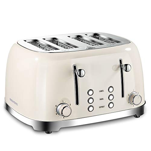 REDMOND 4 Slice Toaster Retro Stainless Steel Toasters with Bagel Defrost Cancel Function, 6 Browning Settings, Cream, ST033