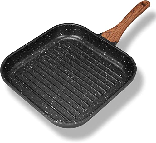 Aoorun grill Pans for Stove Tops - Nonstick grill Pan with granite coating & Solid Wood Handle, Induction compatible, 11 inch