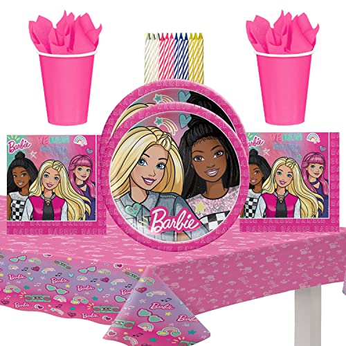 Amscan Barbie Dream Together Party Supplies Pack Serves 16: 9\ Plates Luncheon Napkins Cups and Table Cover with LLILYKAI Birthday Cand