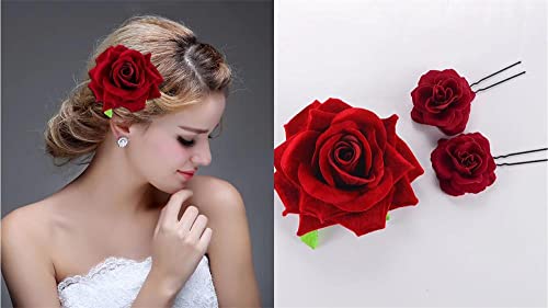 ClassicBeauty Elegant Bright Red Rose Velvet Hair Clip Set (2 Large 2  Small) New 2018 Flamenco