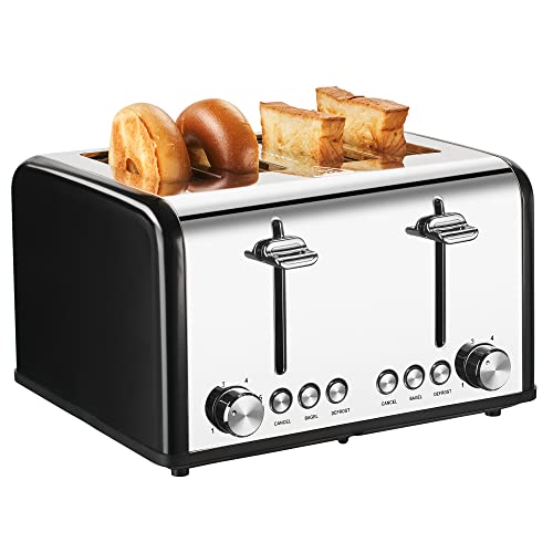 REDMOND Toaster 4 Slice Stainless Steel, Wide Slots 4 Slice Toaster with Bagel Defrost cancel Function 6 Bread Shade Settings fo