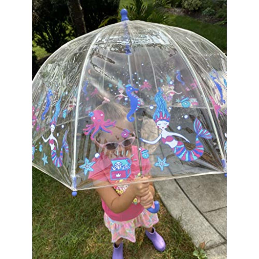 totes Kids Clear Bubble Umbrella with Easy Grip Handle, Blue/Green Ocean Princess
