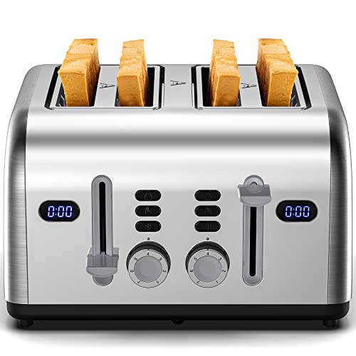 Redmond Toaster 4 Slice, REDMOND Retro Stainless Steel Toasters with LED Digital Countdown Timer Display, Dual Independent Control Panel