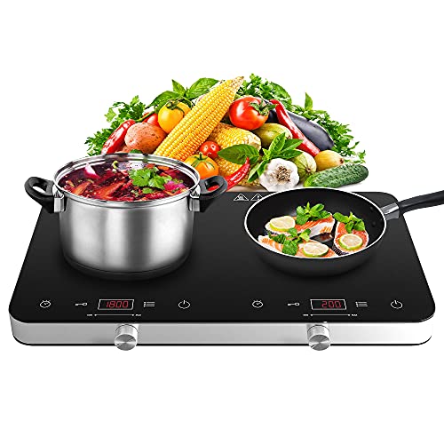 COOKTRON AKDUS-CT-FS-IRC111A Cooktron Double Induction Cooktop Burner,  1800W 2 Burner Induction Cooker Cooktop, 10 Temperature 9 Power Settings  Portable Elec