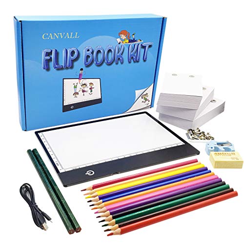 Canvall Flipbook Set for Drawing and Tracing Animation, Include: A5 LED Light Box, 540 Pages Animated Loose-leaf Paper, 2 HB +12 Colored Drawing