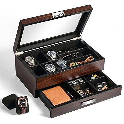 Sunix Watch Box Organizer for Men, Luxury Wood Watch Jewelry Box with Valet Drawer, Watch Display Organizer with Real Glass Top, Multi