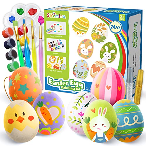 Shemira Easter Eggs Painting Kit-24 Paintable Easter Eggs for Easter Party Favor,Easter Basket Stuffers for Toddlers,DIY Easter Art and