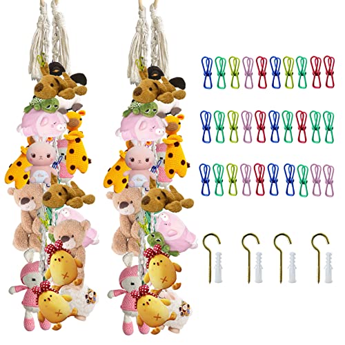 AHSONLUF 2 Pieces Stuffed Toy chain Display Organizer,Animal Hanging Toy  Storage Holder with 30 Pieces Metal clips,4 Pieces ceiling Hook