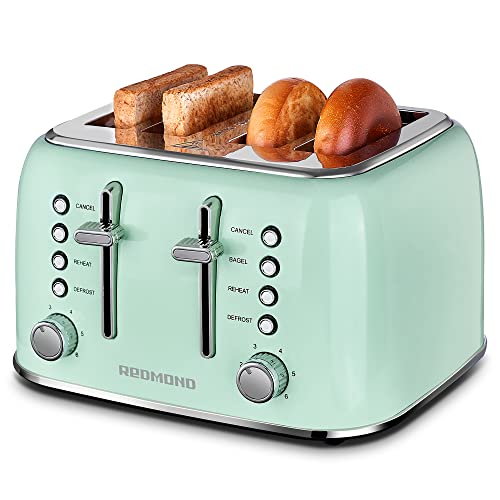 REDMOND Toaster 4 Slice, Retro Stainless Steel Toaster with Extra Wide Slots Bagel, Defrost, Reheat Function, Dual Independent C