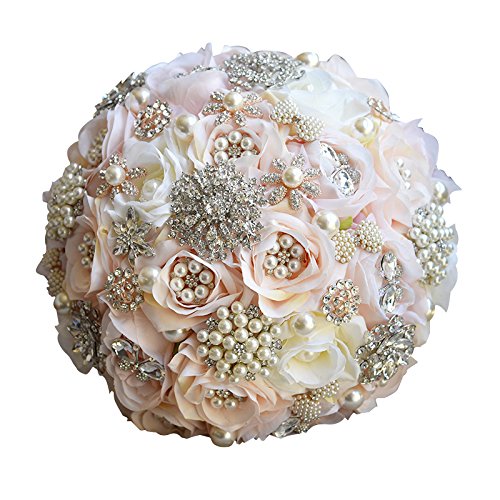Abbie Home Luxury Jewelry Wedding Bridal Bouquet - Crystal Pearls and Rhinestone Decorated Rose Flower in Champagne Blush (Champ