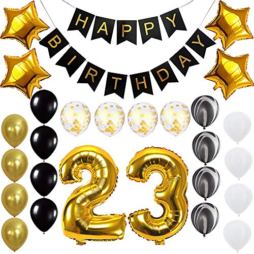 Hatcher lee Happy 23rd Birthday Banner Balloons Set for 23 Years Old Birthday Party Decoration Supplies Gold Black