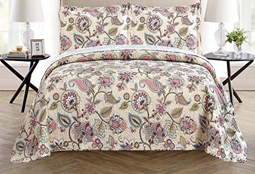 All American Collection New 3pc Printed Modern Floral Bedspread Coverlet (Queen, Beige)