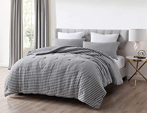 Chezmoi Collection Levi 3-Piece Striped Heather Jersey Knit Cotton Comforter Set - Solid Reversible Lightweight Super Soft and B